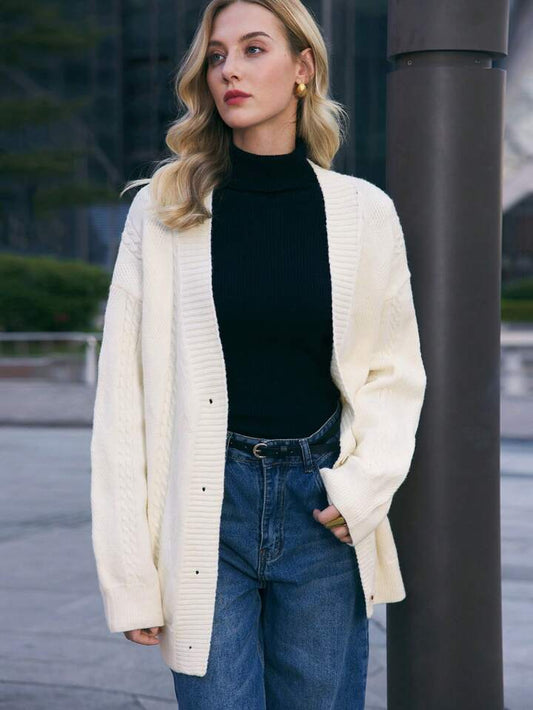 CM-CS539199 Women Casual Seoul Style V-Neck Drop Shoulder Long Sleeve Cardigan Sweater - Apricot