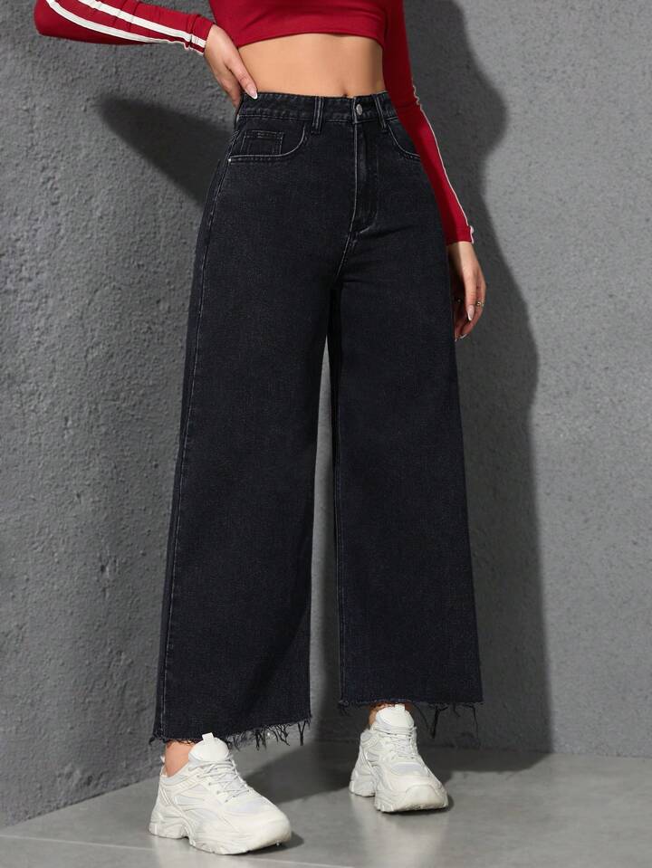 CM-BS883741 Women Casual Seoul Style Solid Color High Waist Wide Leg Jeans - Black