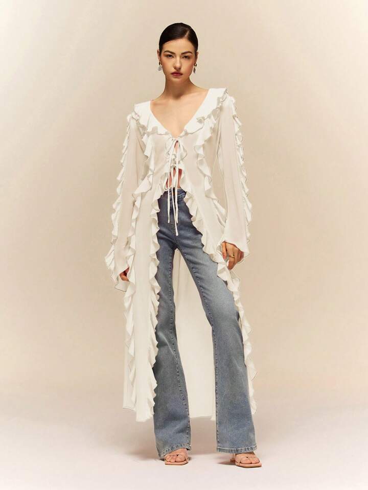 CM-TS176249 Women Casual Seoul Style Ruffle Tie Neck Extra Long Sleeve Sheer Long Shirt - Apricot