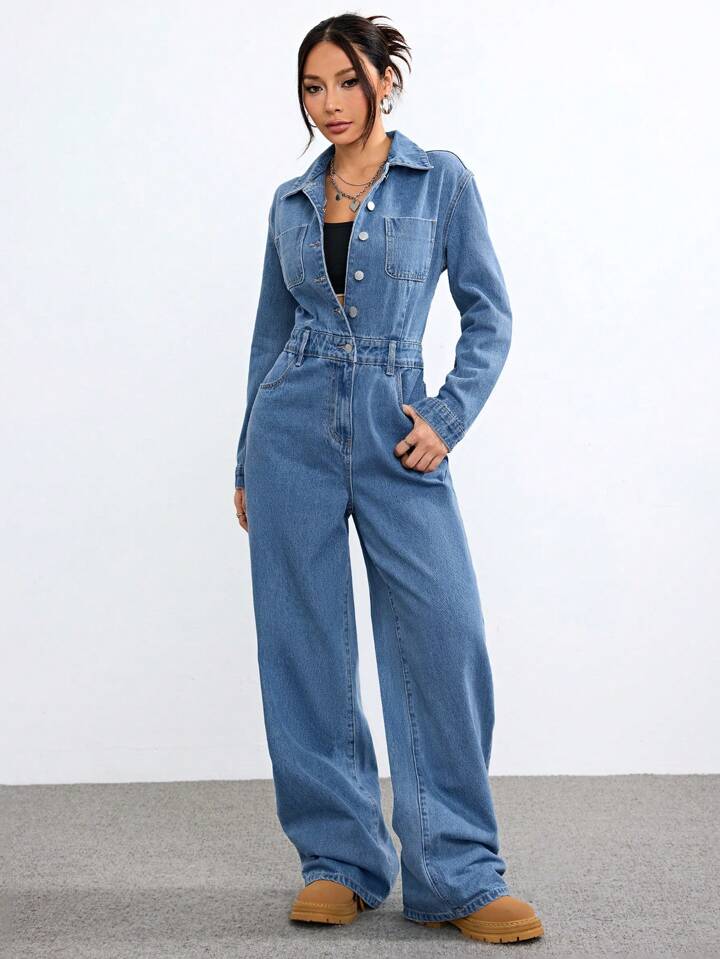 CM-JS684434 Women Casual Seoul Style Light Washed Long Sleeve High Waist Denim Jumpsuit