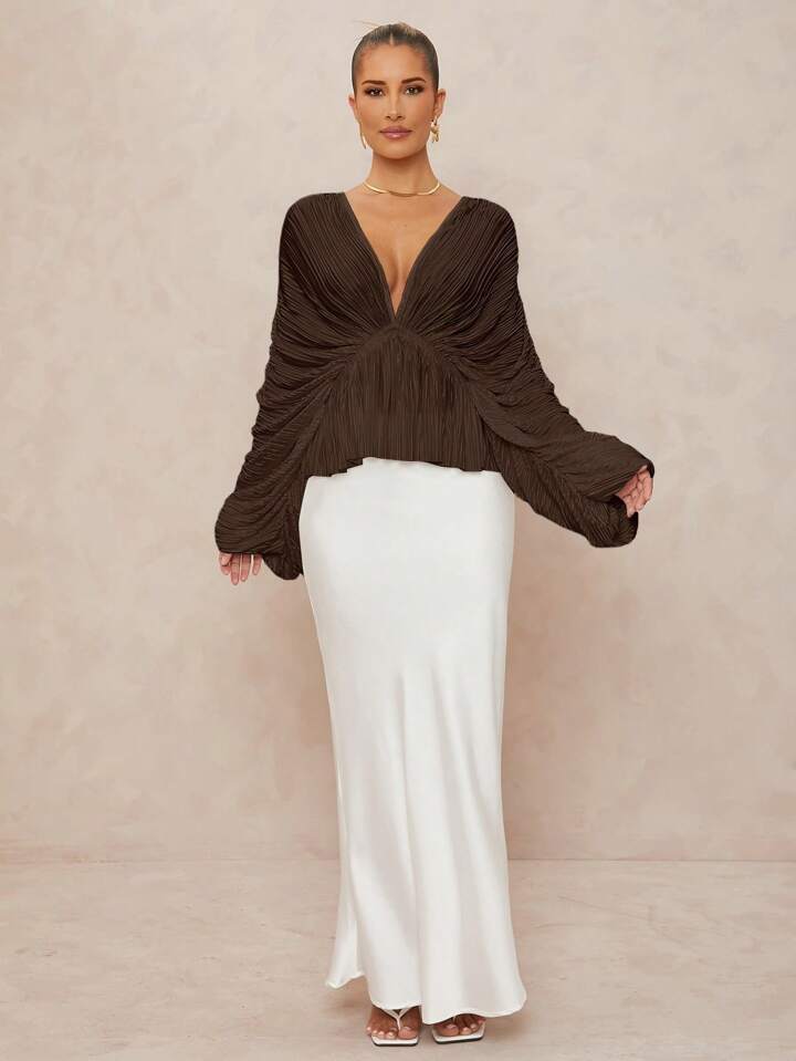 CM-TS201119 Women Elegant Seoul Style Deep V-Neck Oversized Ruffle Sleeves Loose Blouse - Brown