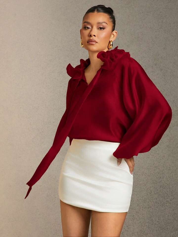 CM-TS761367 Women Elegant Seoul Style Solid Color Ruffle Trim Tie Neck Lantern Sleeve Blouse - Burgundy
