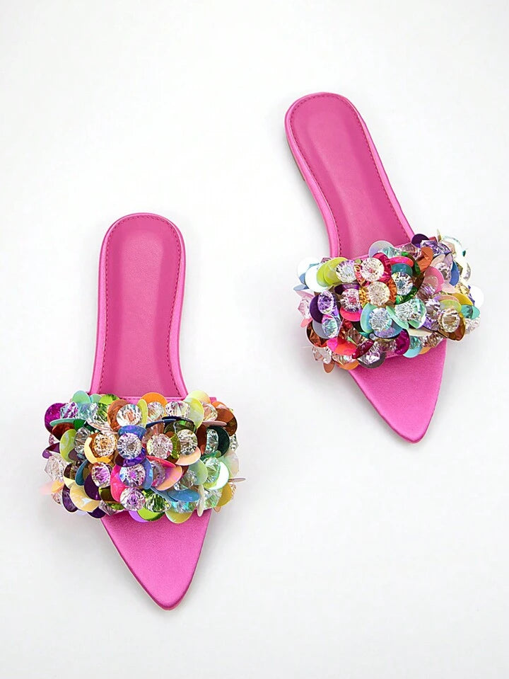 CM-SHS858595 Women Trendy Seoul Style Beads Embroidery 3D Floral Decor Pointed Toe Flat Mules - Hot Pink
