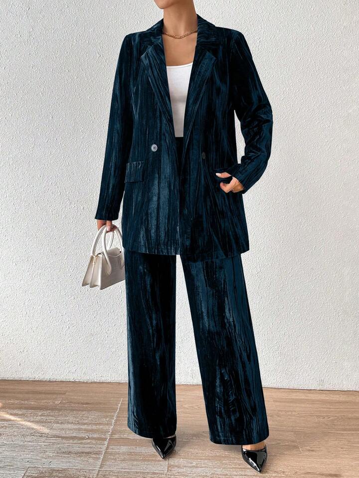 CM-SS443671 Women Elegant Seoul Style Stand Collar Long Sleeve Velvet Jacket With Straight Leg Pants Suit - Dark Green