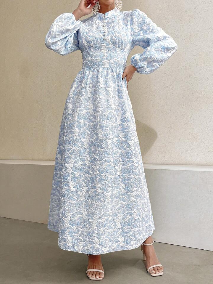 CM-DS096454 Women Casual Seoul Style Stand Collar Faux Pearl Decor Floral Jacquard Long Dress