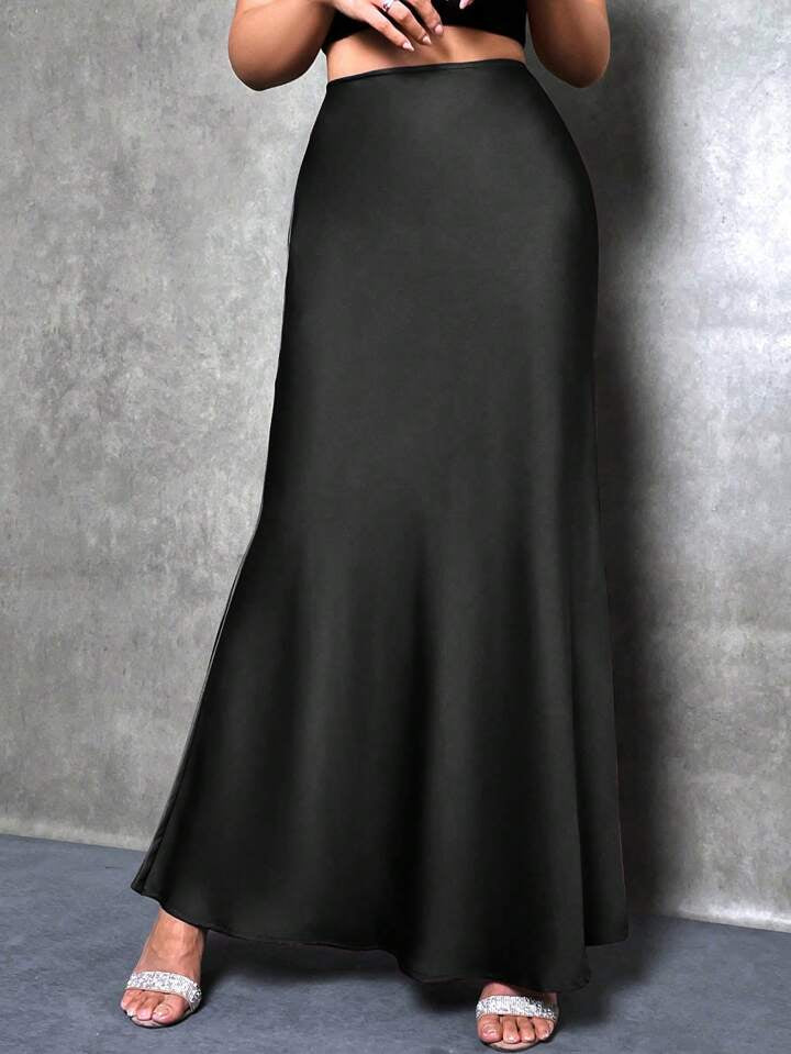 CM-BS239988 Women Casual Seoul Style Solid Asymmetrical Mermaid Hem Skirt - Black