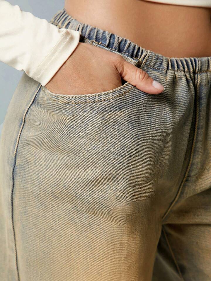 CM-BS521317 Women Casual Seoul Style Elastic Wasit Washed Distressed Wide Leg Jeans