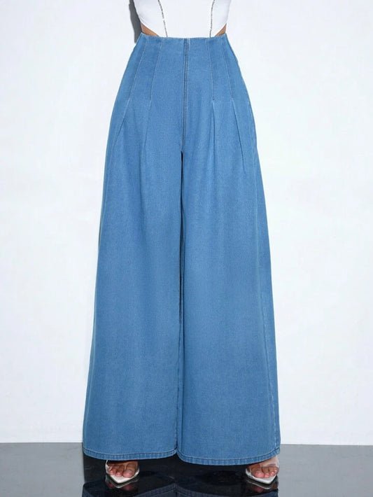 CM-BS110747 Women Casual Seoul Style High Wi Pleated Loose Wide Leg Denim Pants - Blue