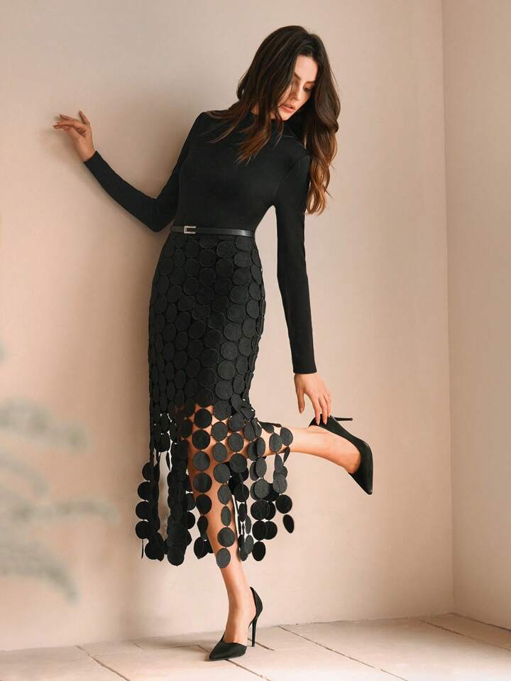 CM-DS309319 Women Elegant Seoul Style High Neck Lace Trim Long Sleeve Knit Dress - Black
