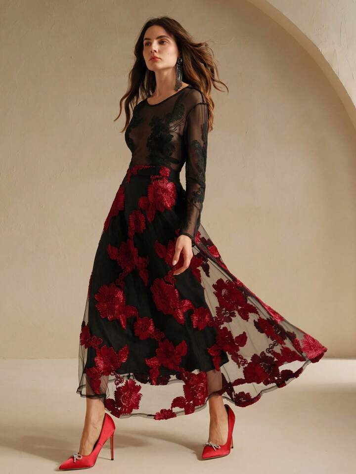 CM-BS333321 Women Elegant Seoul Style Floral Embroidery Mesh High Waist A-Line Skirt
