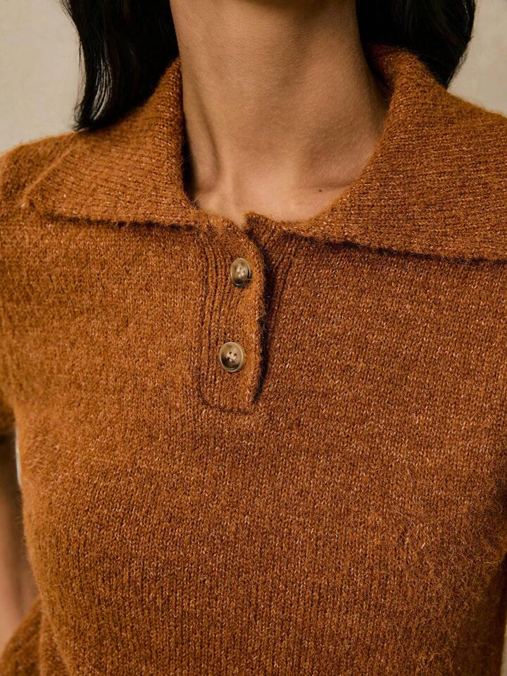 CM-TS884124 Women Casual Seoul Style Polo Neckline Short Sleeve Button Up Pullover Knit Top - Brown
