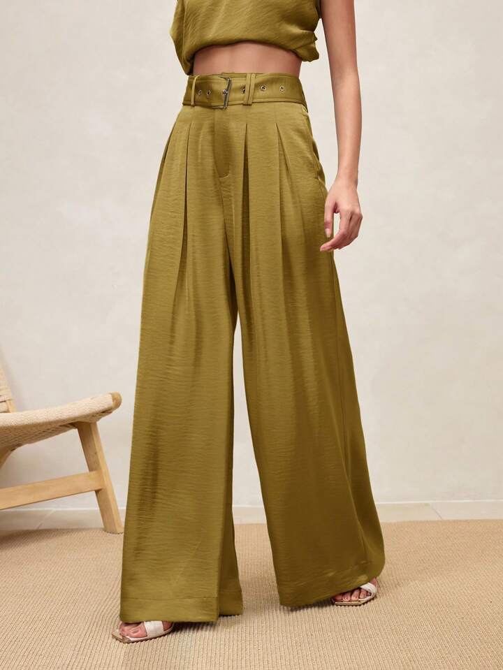 CM-BS266222 Women Casual Seoul Style High Waist Pleated Wide Leg Pants - Khaki