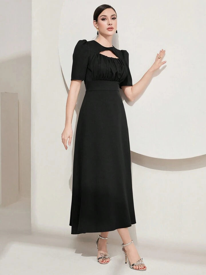 CM-DS460216 Women Elegant Seoul Style Short Sleeve Solid Color Hollow Out Dress - Black