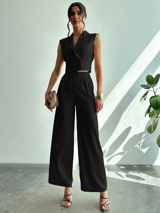 CM-SS663630 Women Elegant Seoul Style Collared Fitted Cap Sleeve Shirt With Straight-Leg Pants Suit - Black