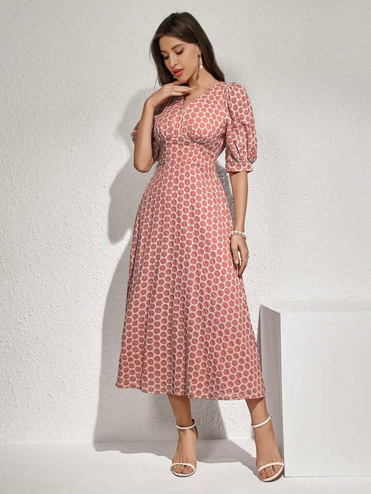 CM-DS301719 Women Elegant Seoul Style Polka Dot Print V-Neck Short Sleeve Belted Dress - Pink