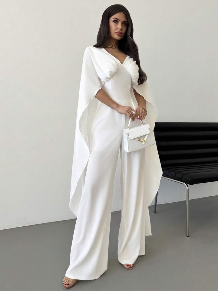 CM-JS484041 Women Elegant Seoul Style V-Neck Cape Extra Long Sleeves Waist Tie A-Line Wide Leg Jumpsuit - White