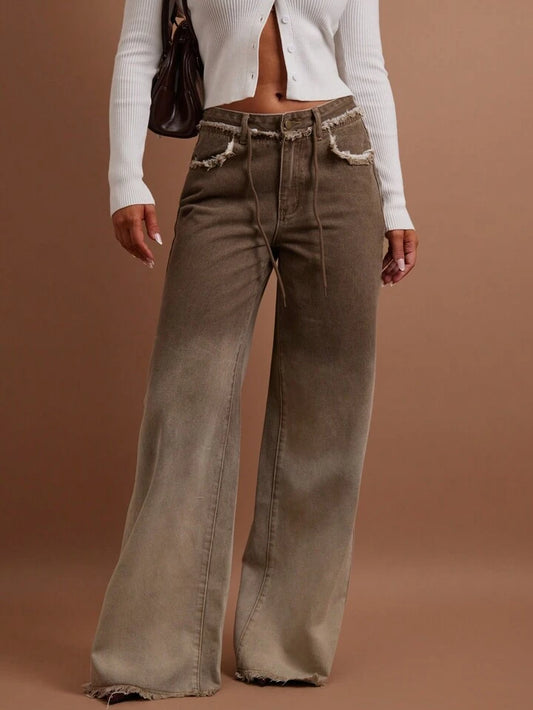 CM-BS298965 Women Casual Seoul Style Low Waist Front Button Pocket Frayed Hem Denim Jeans - Brown