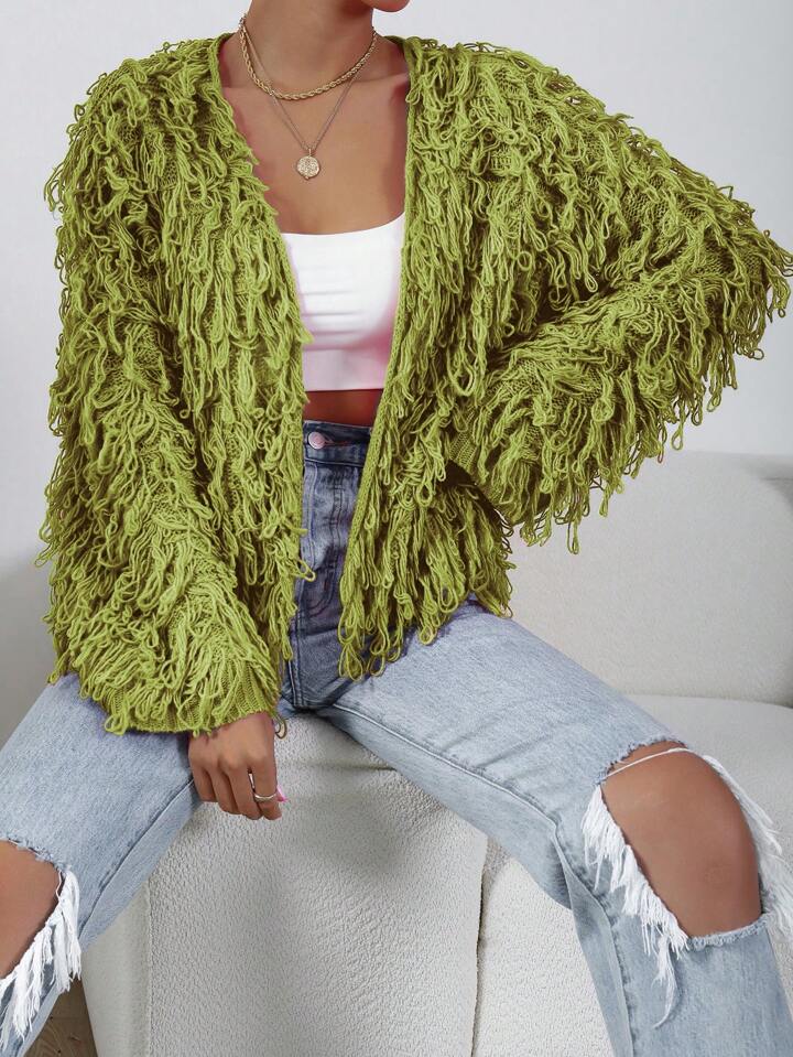 CM-CS902365 Women Casual Seoul Style Long Sleeve Shaggy Knit Duster Cardigan - Olive Green