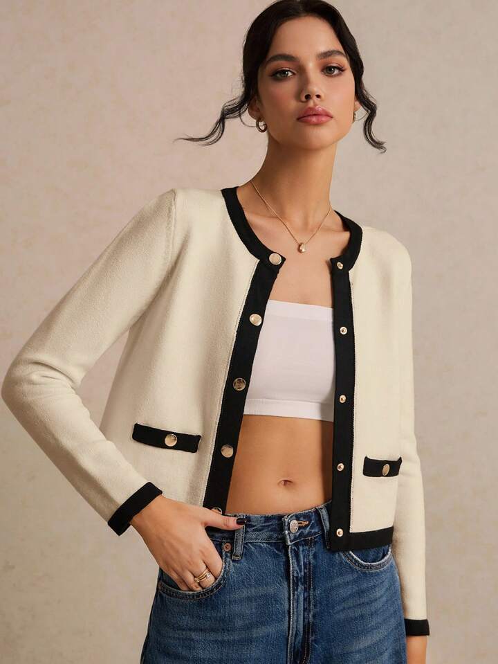 CM-CS885110 Women Casual Seoul Style Color Block Long Sleeve Trim Metal Button Front Knit Cardigan