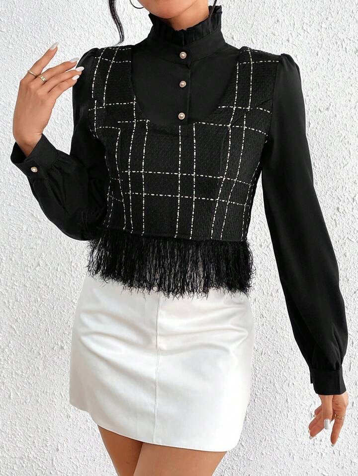 CM-TS967572 Women Elegant Seoul Style Plaid Pattern Fringe Hem Button 2 In 1 Blouse - Black