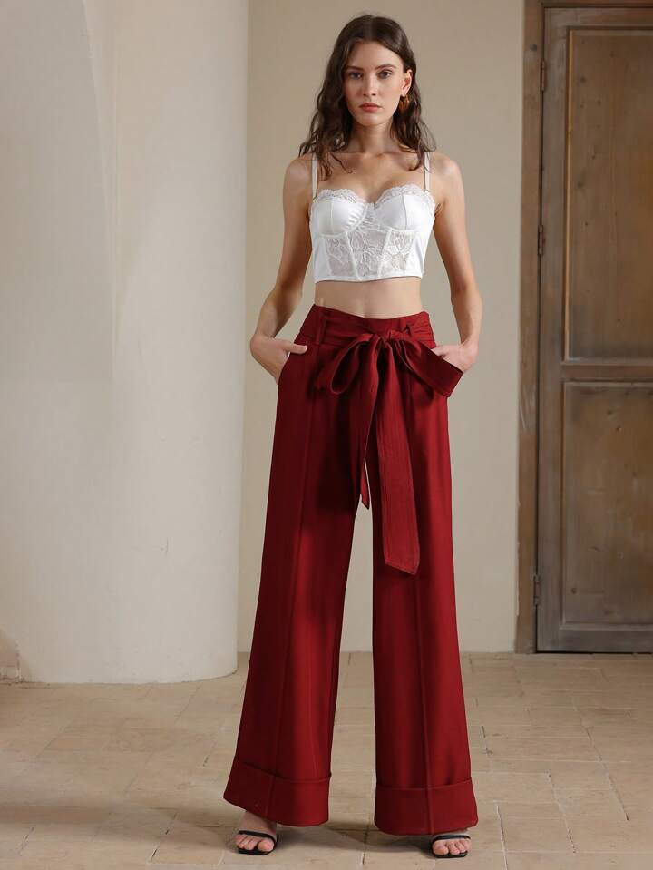 CM-BS645480 Women Elegant Seoul Style High Waist Belted Wide Leg Pants - Burgundy