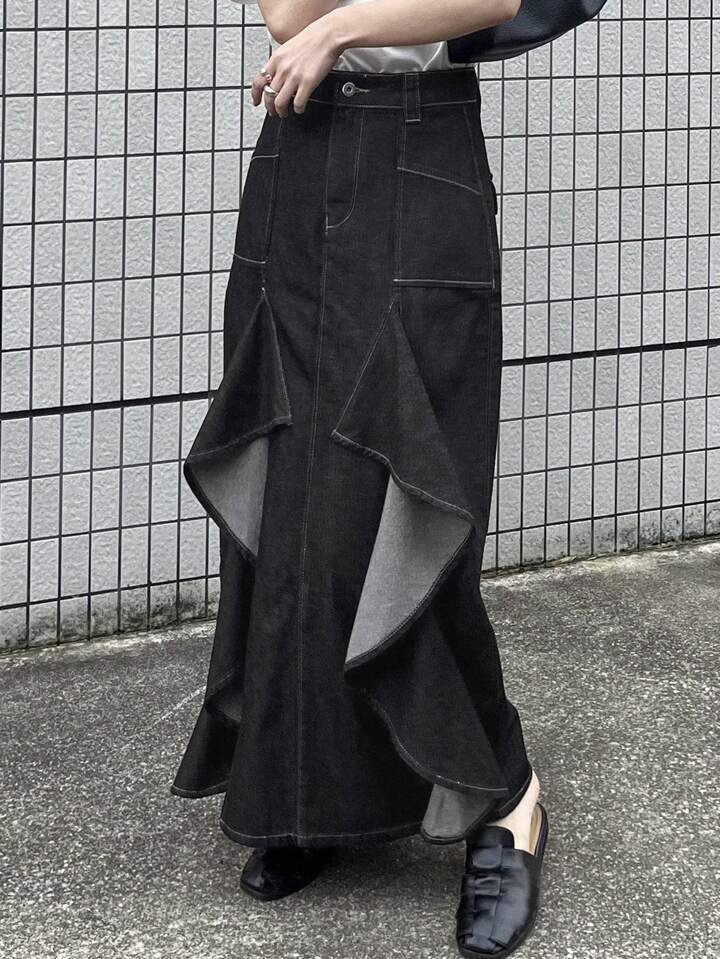 CM-BS727918 Women Casual Seoul Style Multi-Layered Ruffle Patchwork Denim Skirt With Side Slit