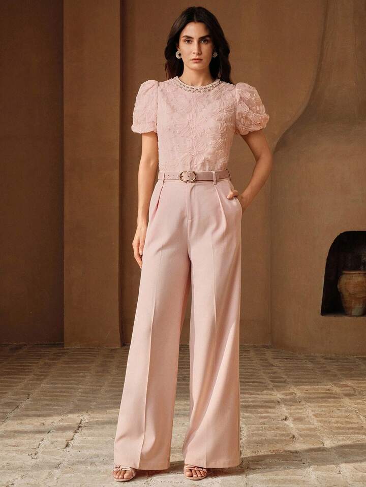 CM-TS228826 Women Elegant Seoul Style Pearl Embroidered Floral Mesh Round Neck Petal Sleeve Blouse - Pink