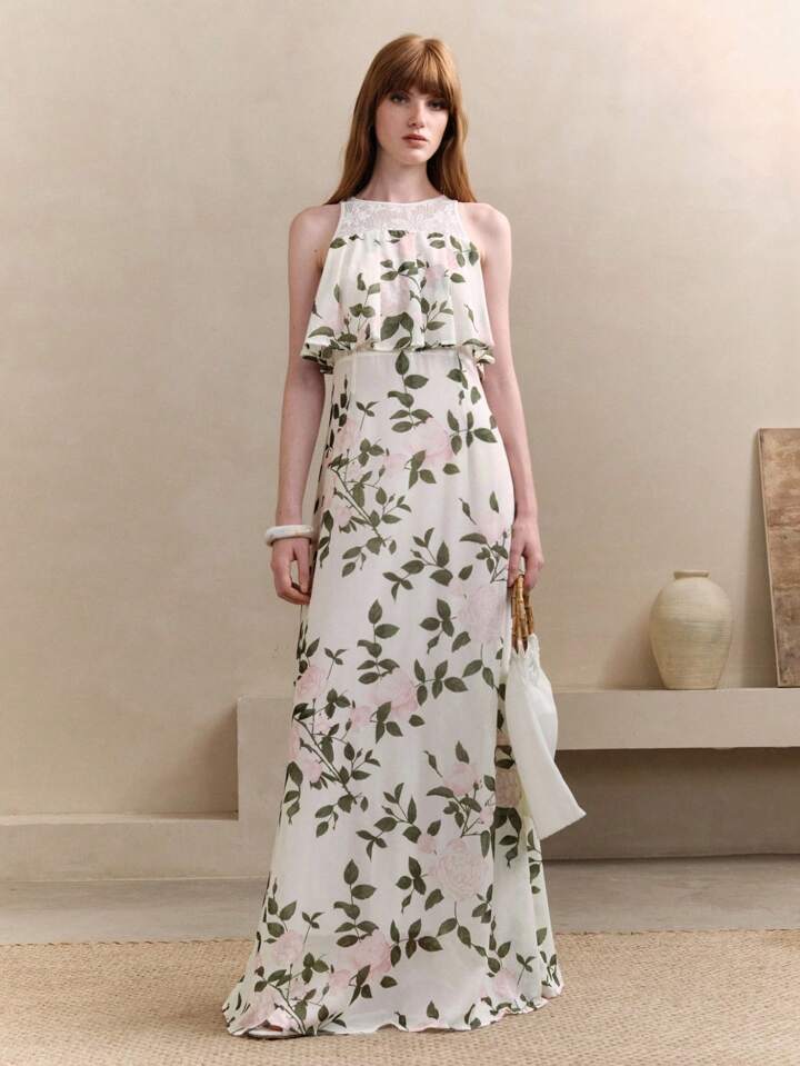 CM-DS131104 Women Elegant Seoul Style Floral Print Crew Neck Waist Cinching Lace Patchwork Ruffle Maxi Dress