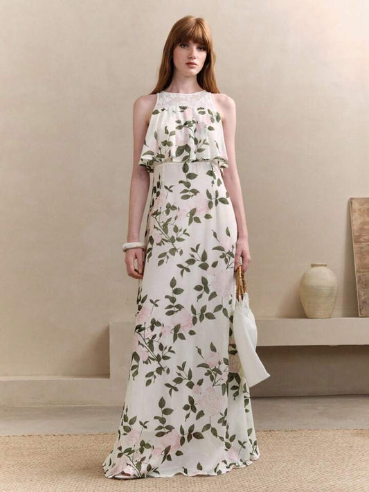 CM-DS131104 Women Elegant Seoul Style Floral Print Crew Neck Waist Cinching Lace Patchwork Ruffle Maxi Dress