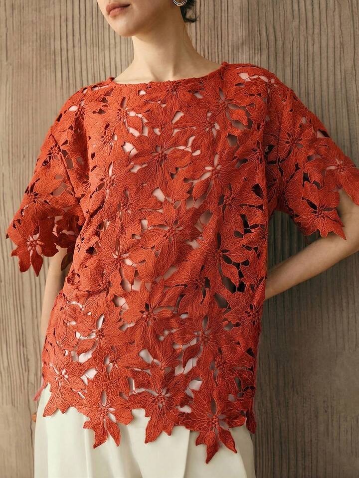 CM-TS529067 Women Trendy Bohemian Style Embroidered Round Neck Short Sleeve Top - Orange