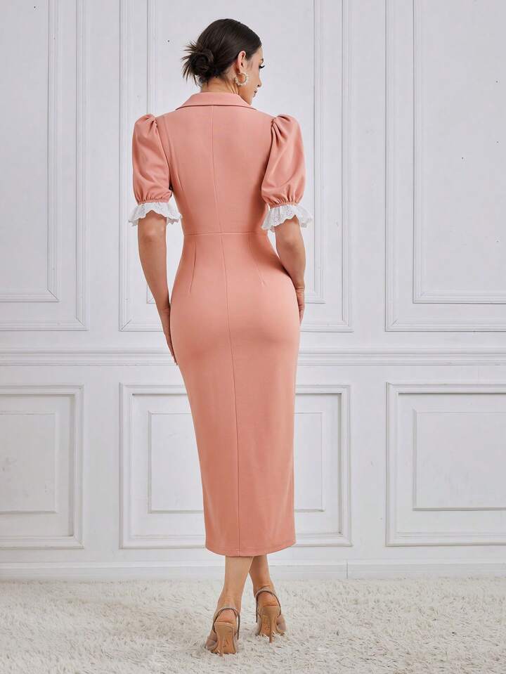 CM-DS022556 Women Elegant Seoul Style Lace Patchwork Double-Breasted Puff Sleeve Dress - Pink