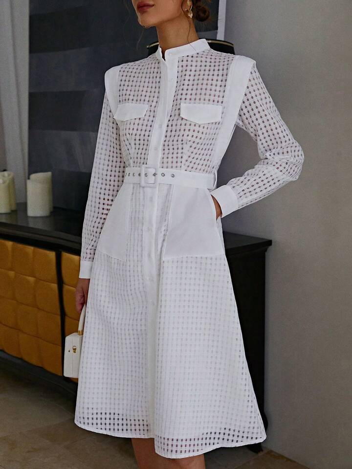 CM-DS131190 Women Elegant Seoul Style Stand Colar Long Sleeve Midi Dress - White