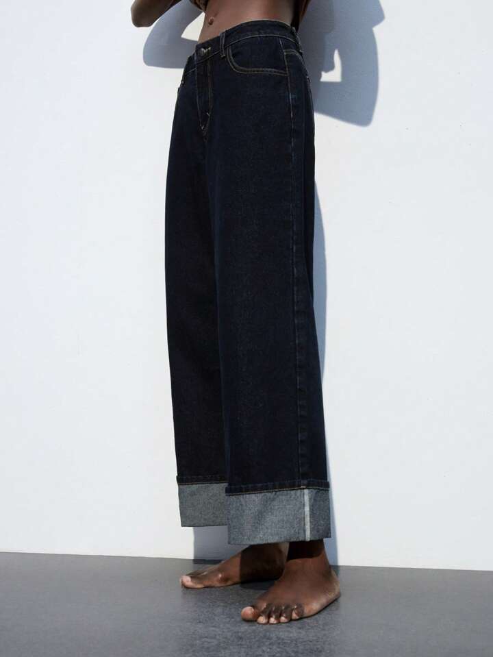 CM-BS881616 Women Casual Seoul Style Dark Wash Straight Leg 7/8 High Waist Loose Fit Denim Pants