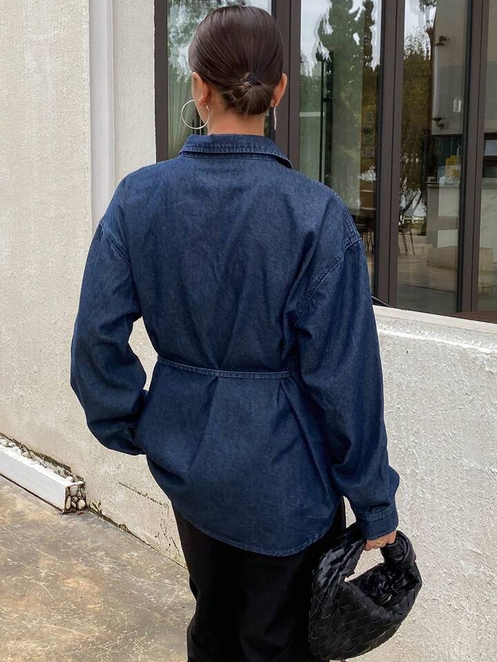 CM-TS761716 Women Casual Seoul Style Solid Color Tie Loose Lapel Long Sleeve Denim Jacket - Blue