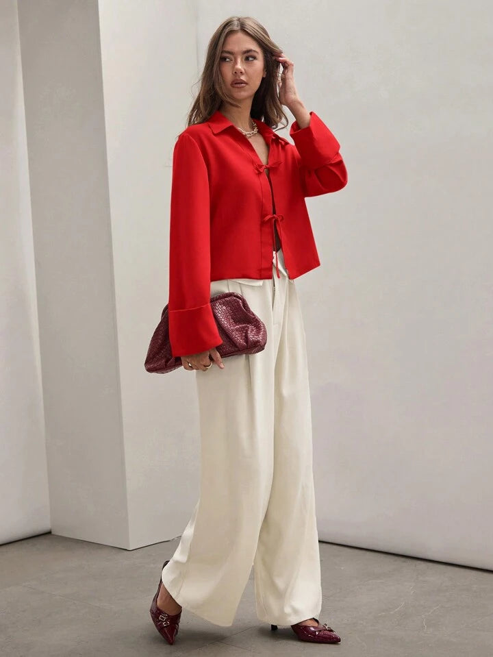CM-TS896830 Women Trendy Bohemian Style Shirt Collar Front Tie Long Sleeve Shirt - Red