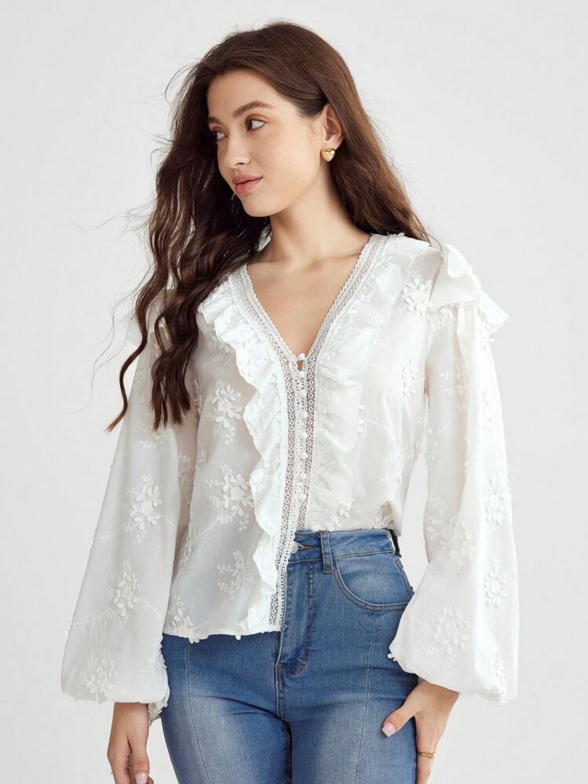 CM-TS756622 Women Elegant Seoul Style Floral Embroidery Lantern Sleeve Ruffled Hem Shirt