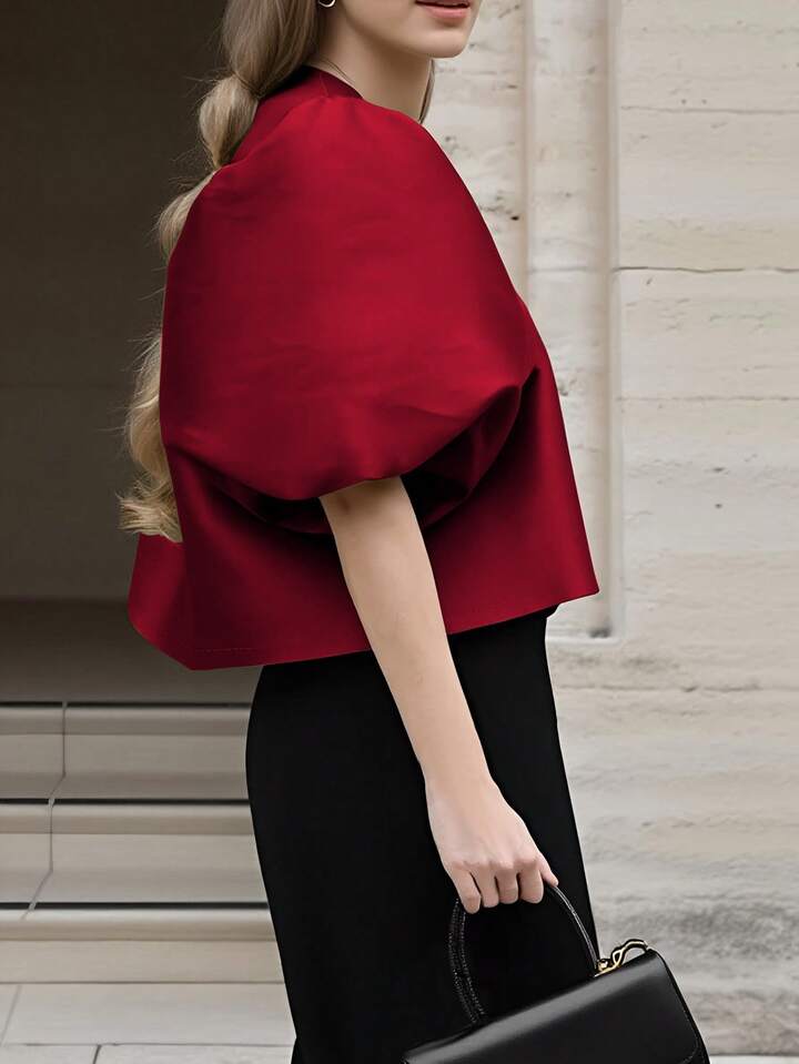 CM-TS466777 Women Elegant Seoul Style Solid Color Round Neck Puff Sleeve Shirt - Red
