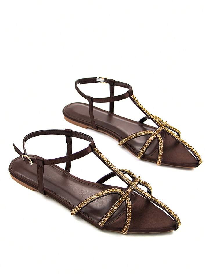 CM-SHS491459 Women Trendy Seoul Style Thin Strap Rhinestone Hollow Out Decor Satin Pointed Toe Ankle Strap Flats