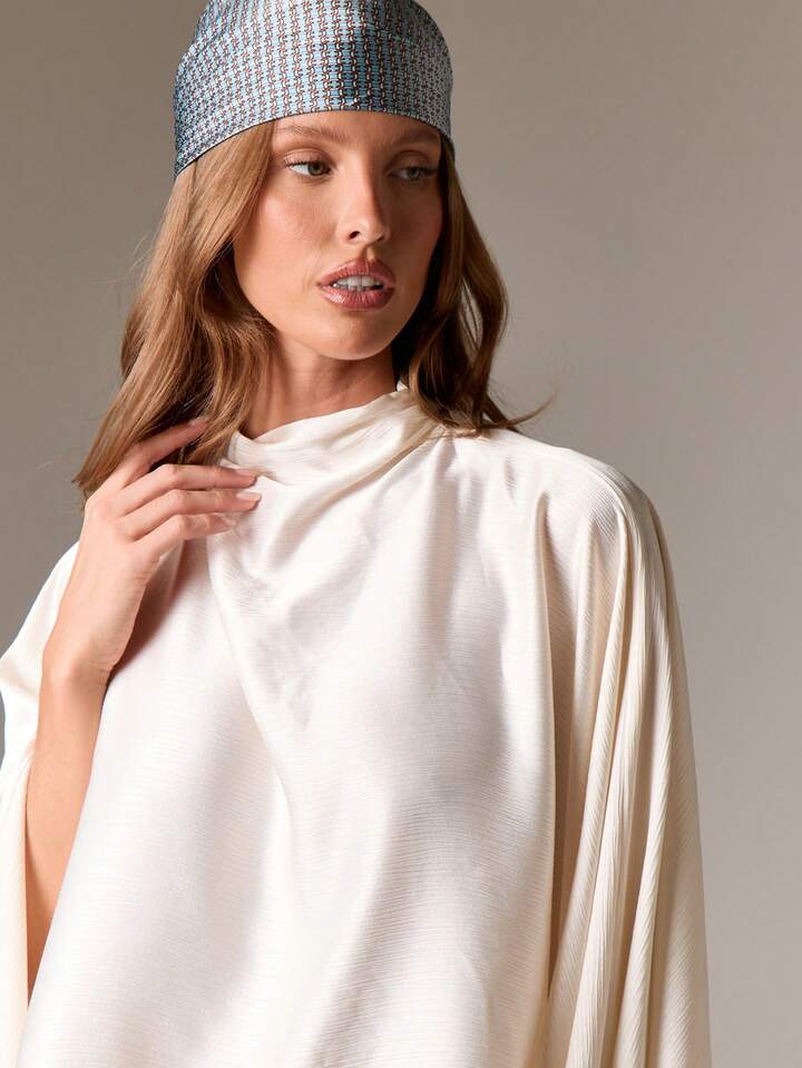 CM-TS999111 Women Elegant Seoul Style High Neck Draped Long Sleeve Flowing Chiffon Top Asymmetrical Hem Blouse