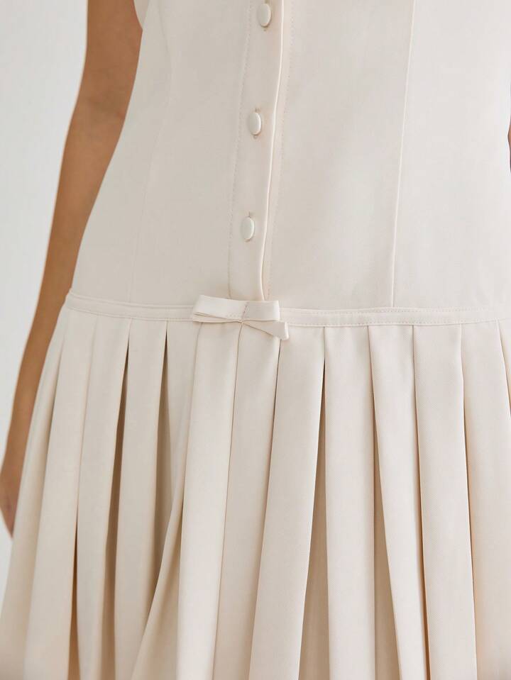 CM-DS261701 Women Casual Seoul Style Scoop Neck Bowknot Sleeveless Pleated Hem Mini Dress - Apricot