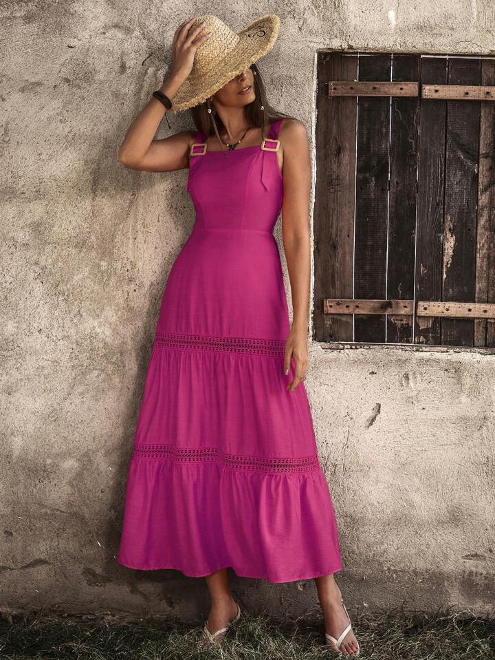 CM-DS405750 Women Trendy Bohemian Style Monochrome Lace Patchwork Suspender Dress - Hot Pink