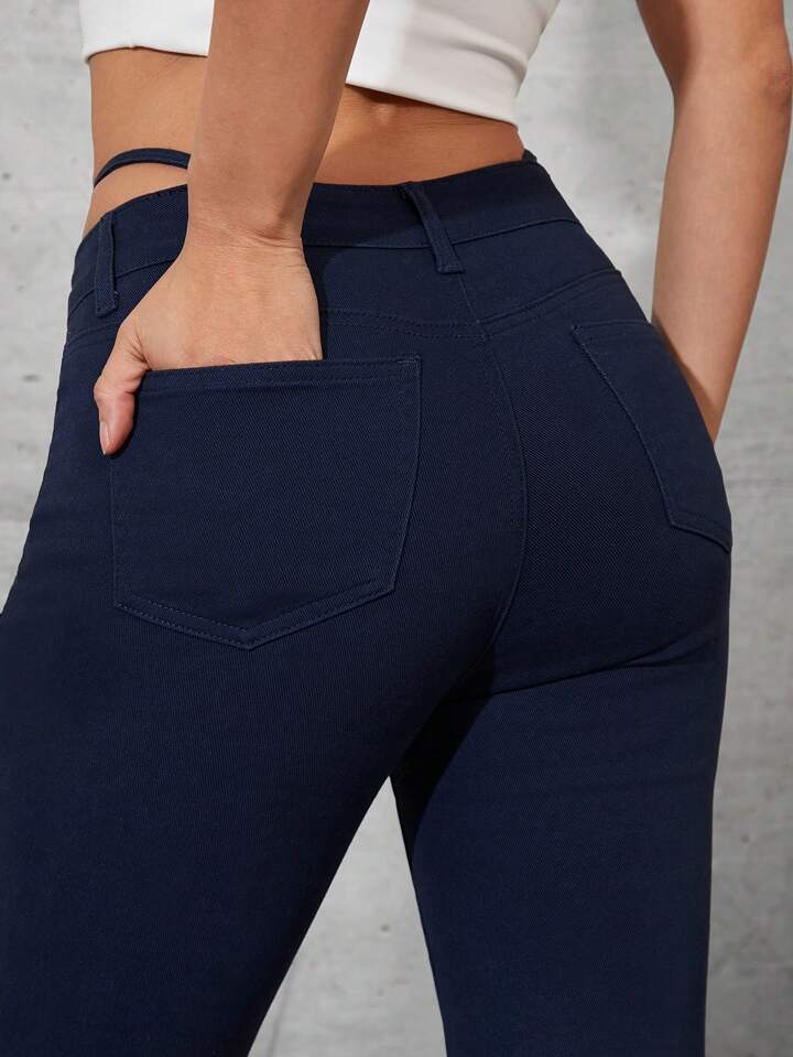 CM-BS727777 Women Casual Seoul Style Pinstripe Low Rise Boot Cut Flare Leg Jeans - Royal Blue