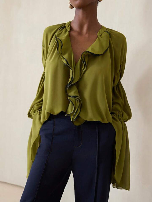 CM-TS564058 Women Elegant Seoul Style V-Neck Ruffle Trim Extra Long Sleeve Oversized Blouse