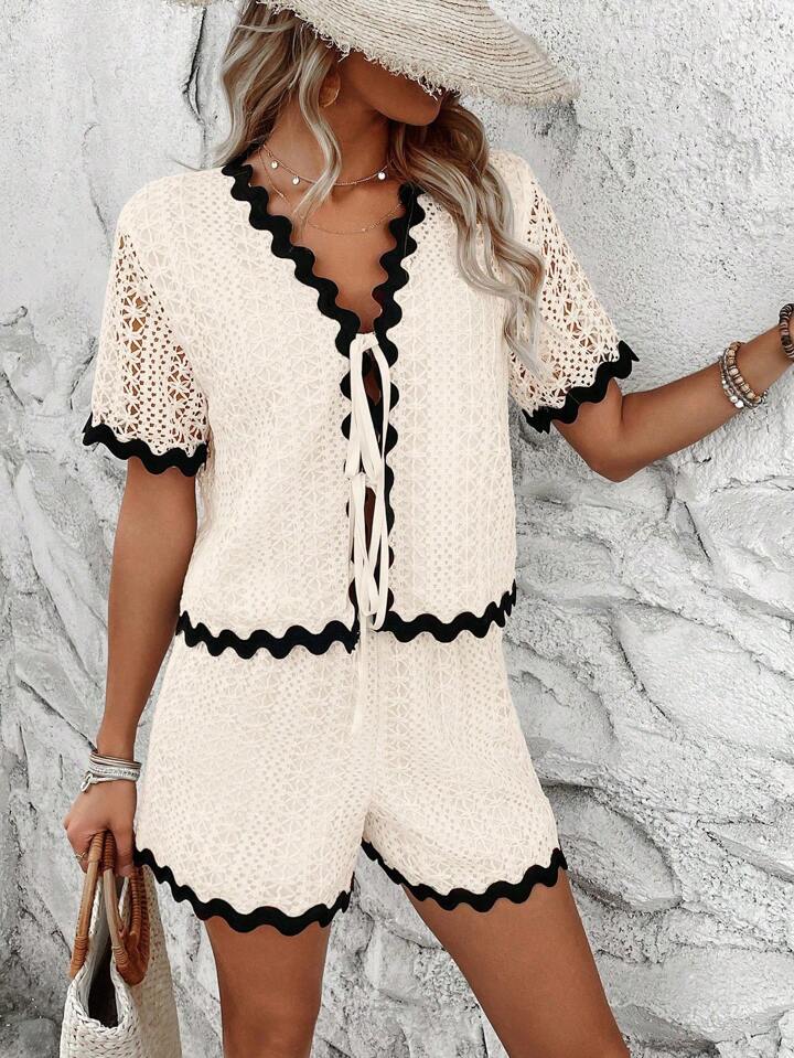 CM-SS077136 Women Trendy Bohemian Style Hollow Out Front Tie Short Sleeve Top With Shorts - Apricot