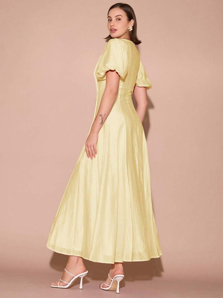 CM-DS122255 Women Elegant Seoul Style Round Neck Bubble Pleat Puff Long Sleeve Maxi Dress - Yellow