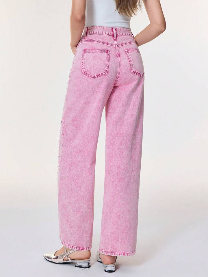 CM-BS416742 Women Casual Seoul Style Pearl Decor Pocket Wide Leg Loose Fit Jeans - Pink