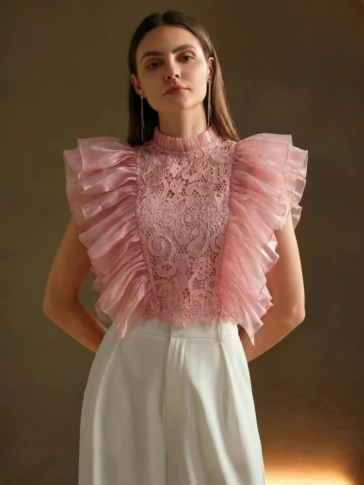 CM-TS427440 Women Elegant Seoul Style Stand Collar Sleeveless Layered Exaggerated Ruffle Blouse - Pink
