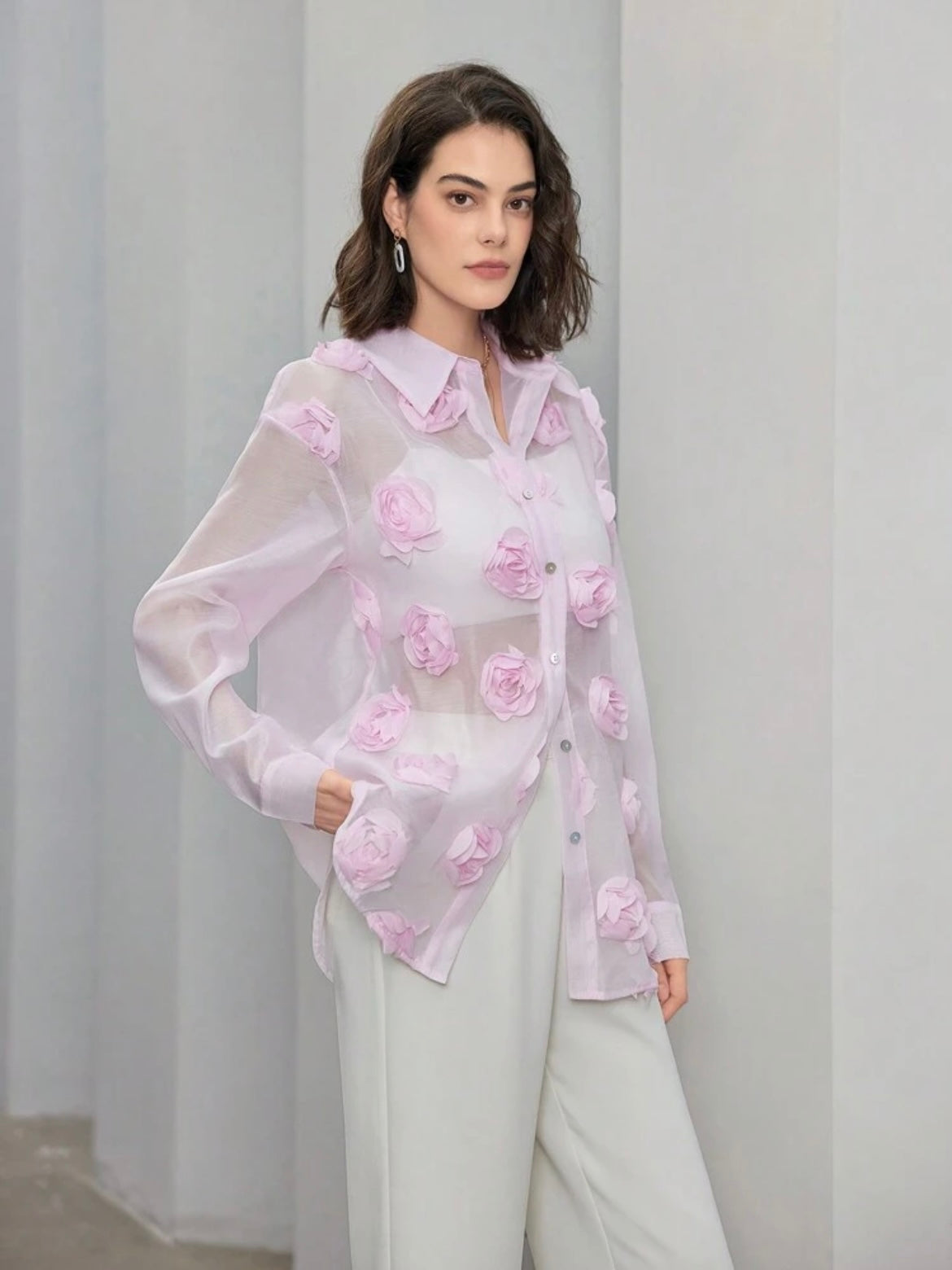 CM-TS896623 Women Elegant Seoul Style 3D Floral Long Sleeve Sheer Mesh Blouse - Baby Pink