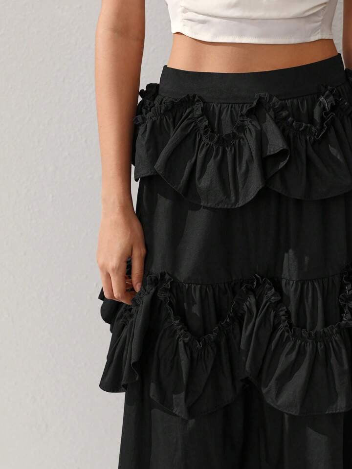 CM-BS230111 Women Casual Seoul Style High Waist Patchwork Ruffle Hem Skirt - Black