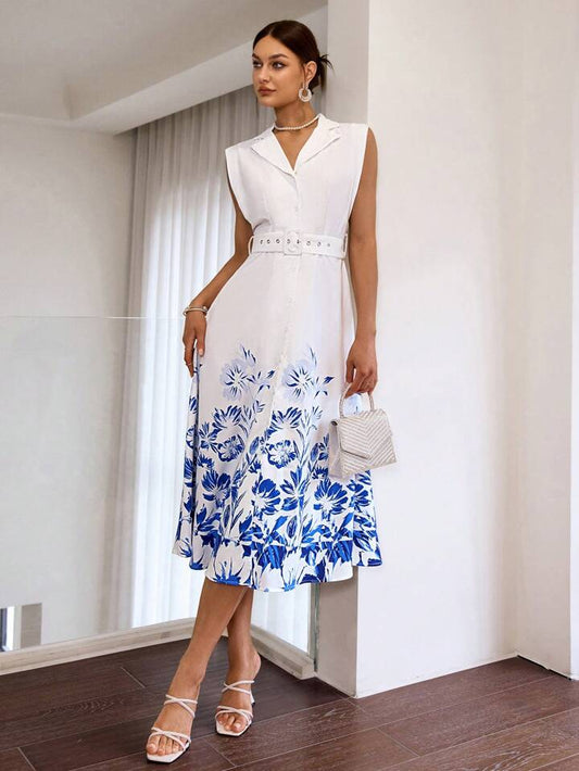 CM-DS824295 Women Elegant Seoul Style Floral Printed Front Button Sleeveless Dress - White